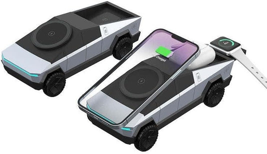 Cyberdock 3-In-1 Wireless Charging Station for iPhone,  Qi Certified Charger compatible for iPhone, iWatch AirPod, Rotating Charger with Ambient Light, Grey + 30W Adapter